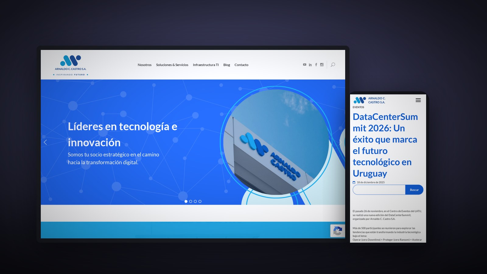 Arnaldo C. Castro technology site on desktop and an event article on mobile
