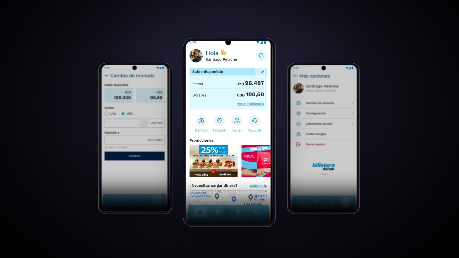 Billetera Digital Abitab mobile wallet showing balances, currency exchange and account options