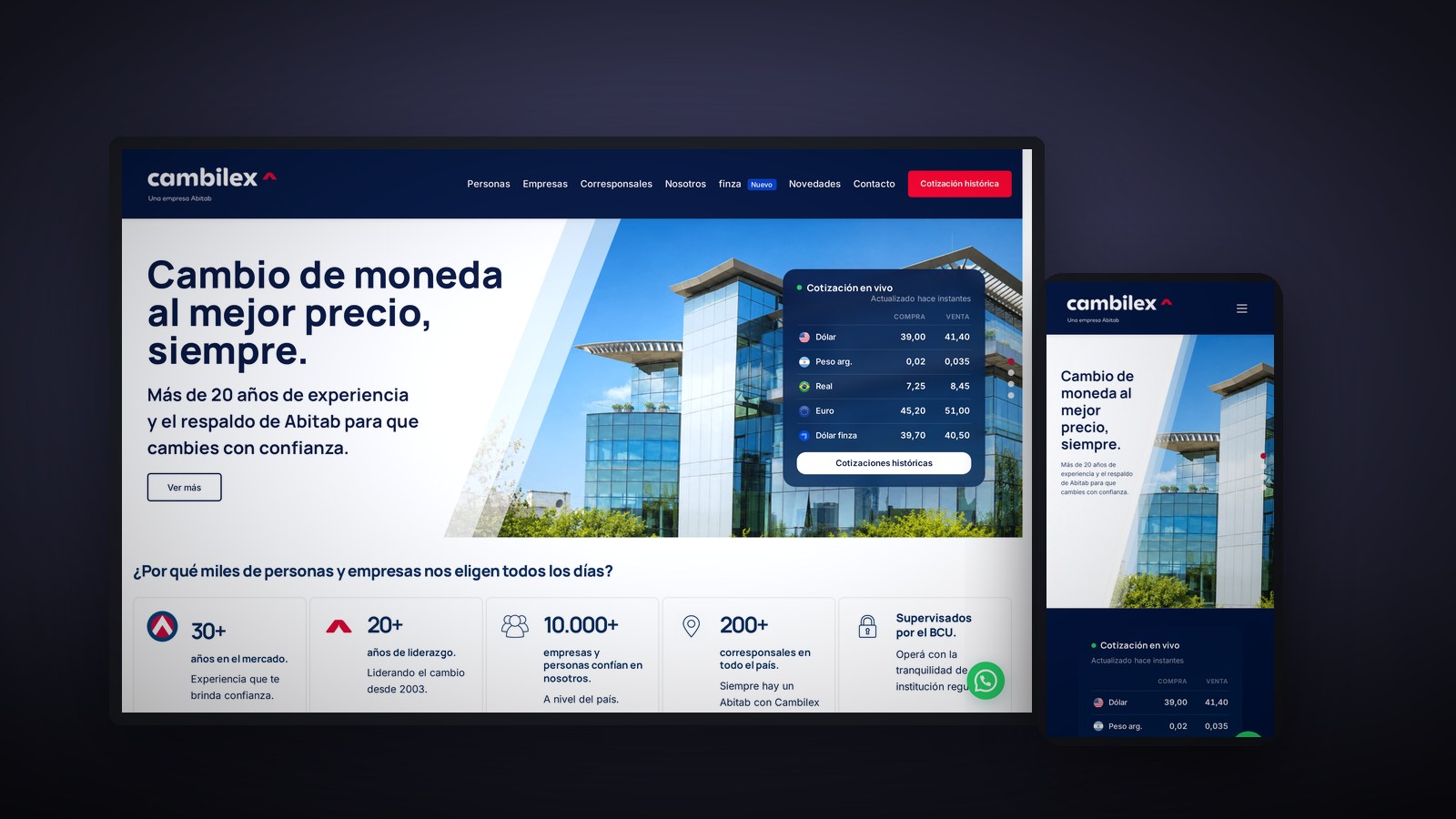 Cambilex currency exchange platform with live rates on desktop and mobile
