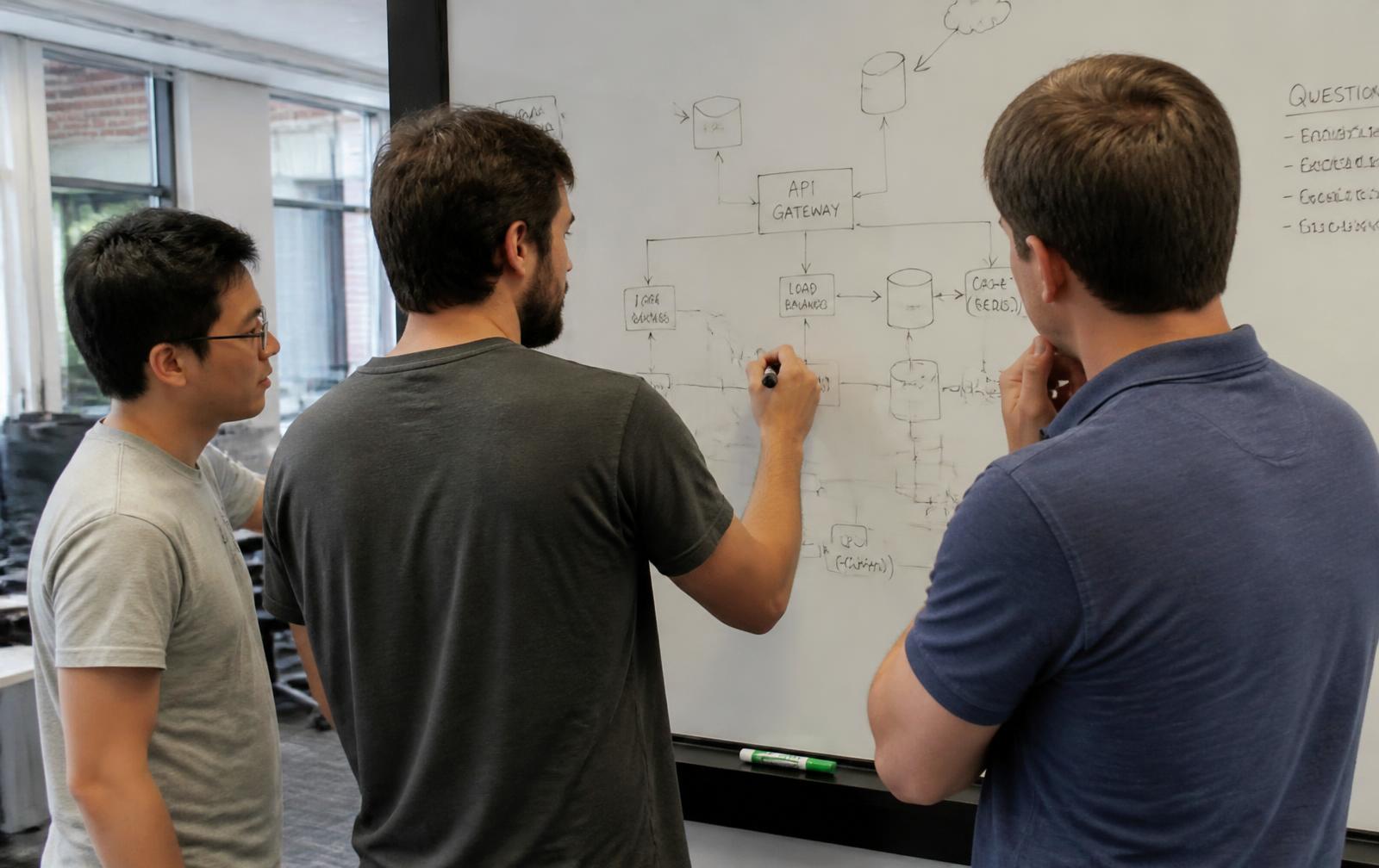 Alabama engineers sketching a system architecture at a whiteboard